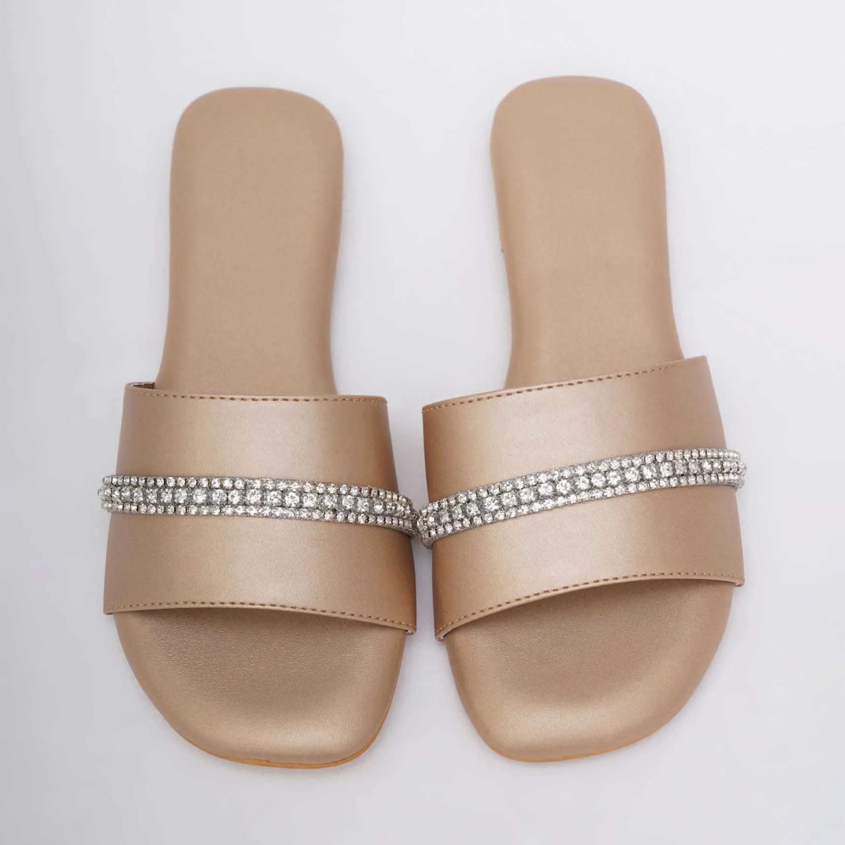 Embroidered Dull Gold Flats In Soft Faux Leather