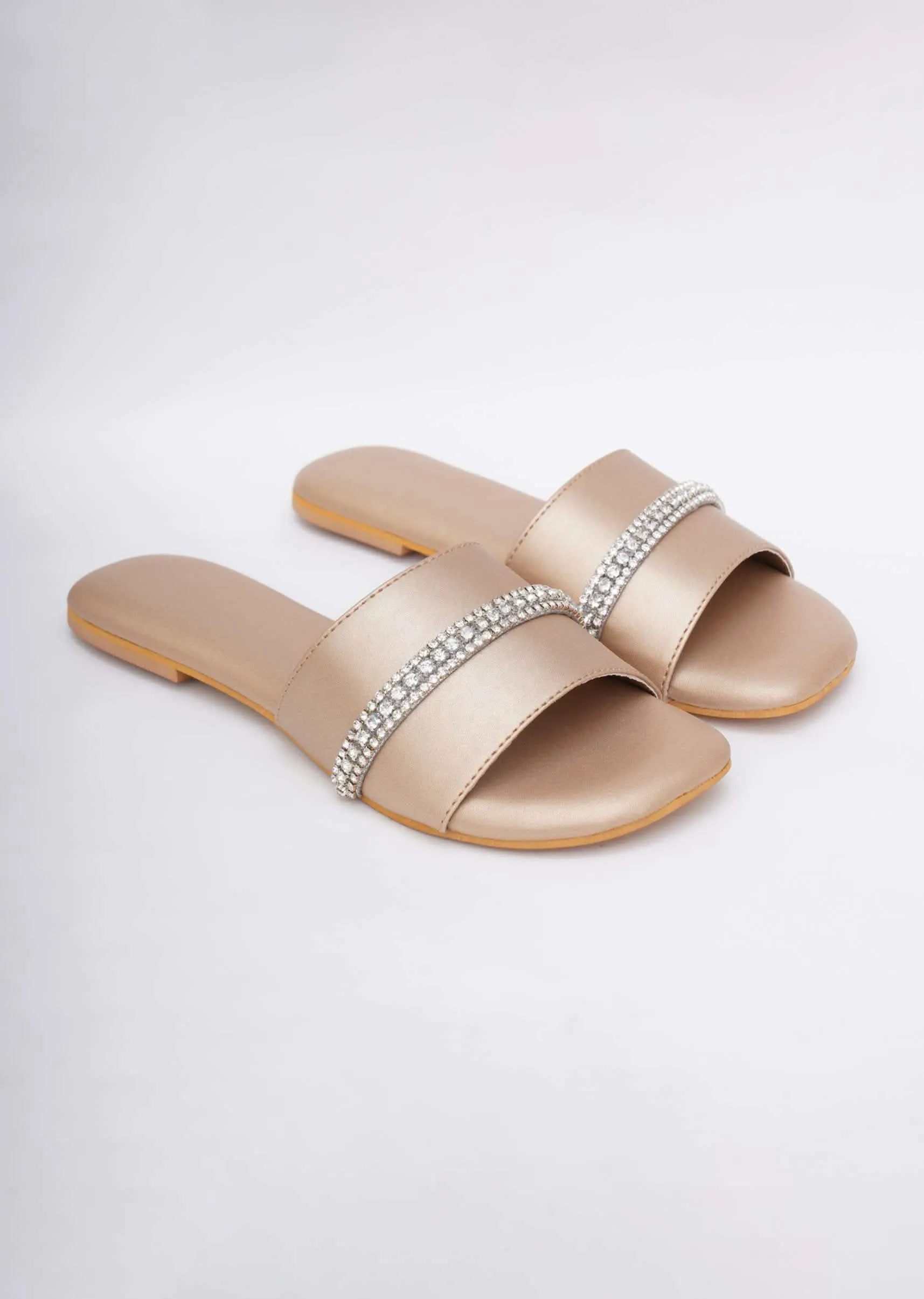 Embroidered Dull Gold Flats In Soft Faux Leather