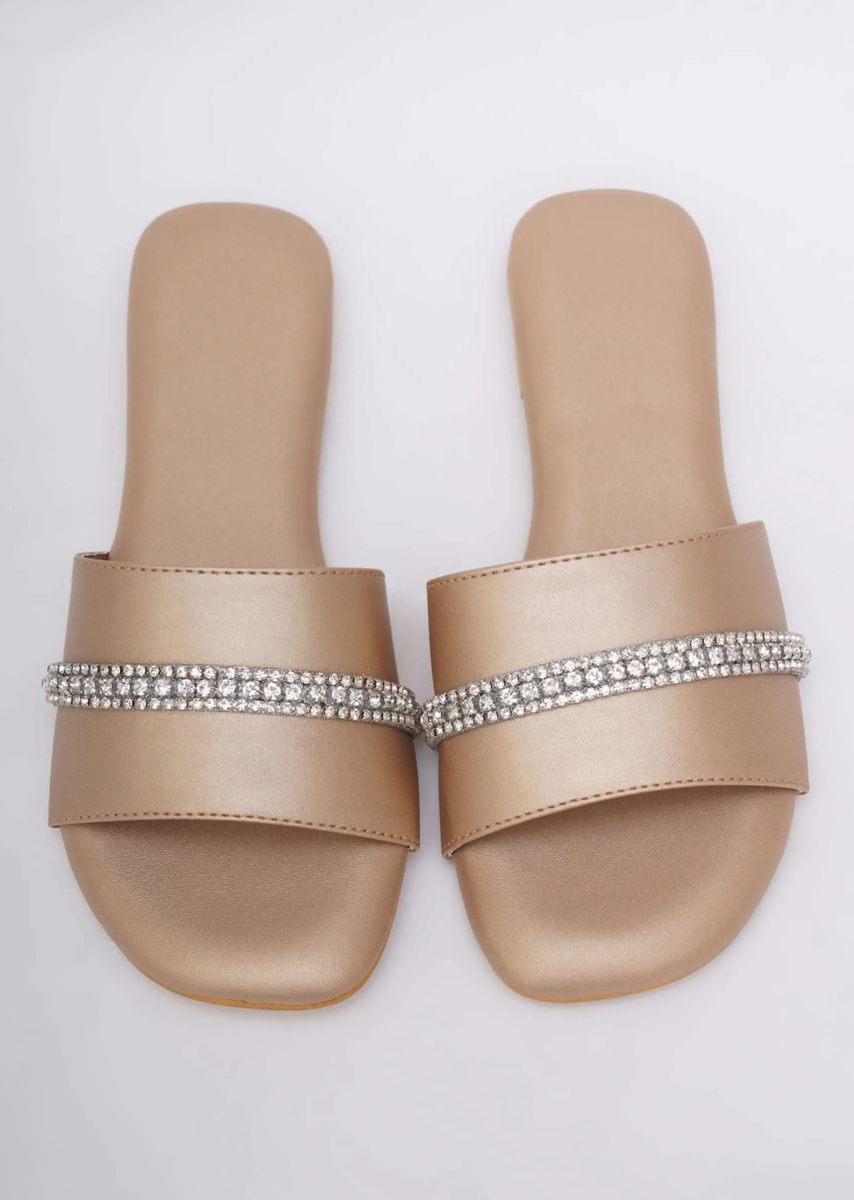 Embroidered Dull Gold Flats In Soft Faux Leather
