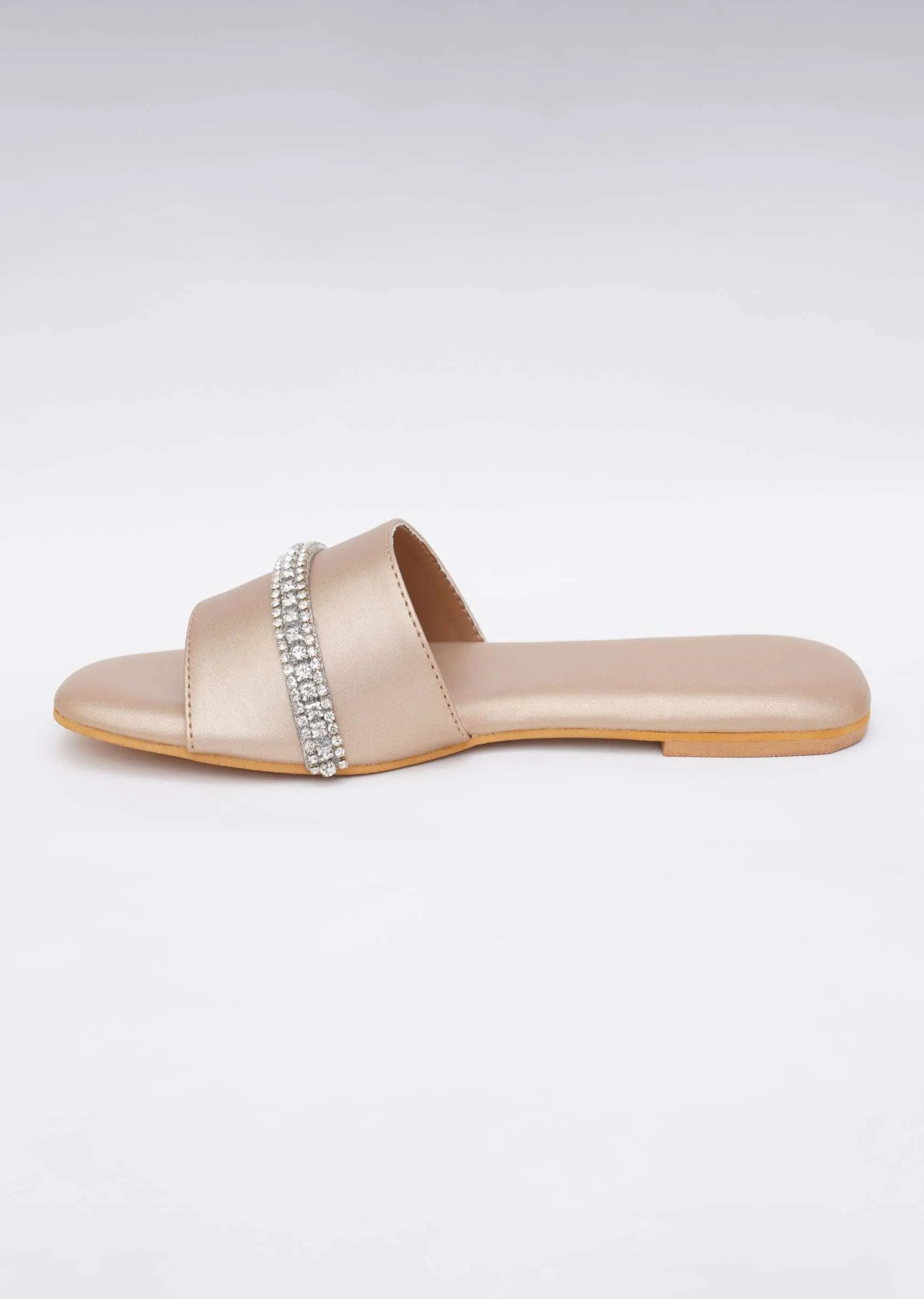 Embroidered Dull Gold Flats In Soft Faux Leather