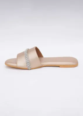 Embroidered Dull Gold Flats In Soft Faux Leather