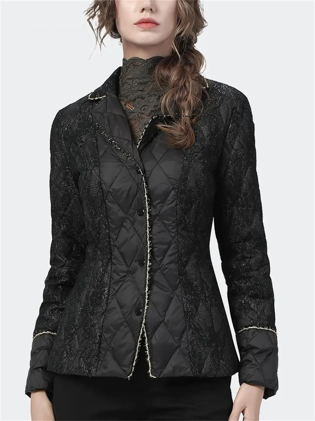 Fashion Lace Appliques Women Down Jacket Winter Long Sleeve Suit Collar Elegant Warm Puffer Coat Parkas