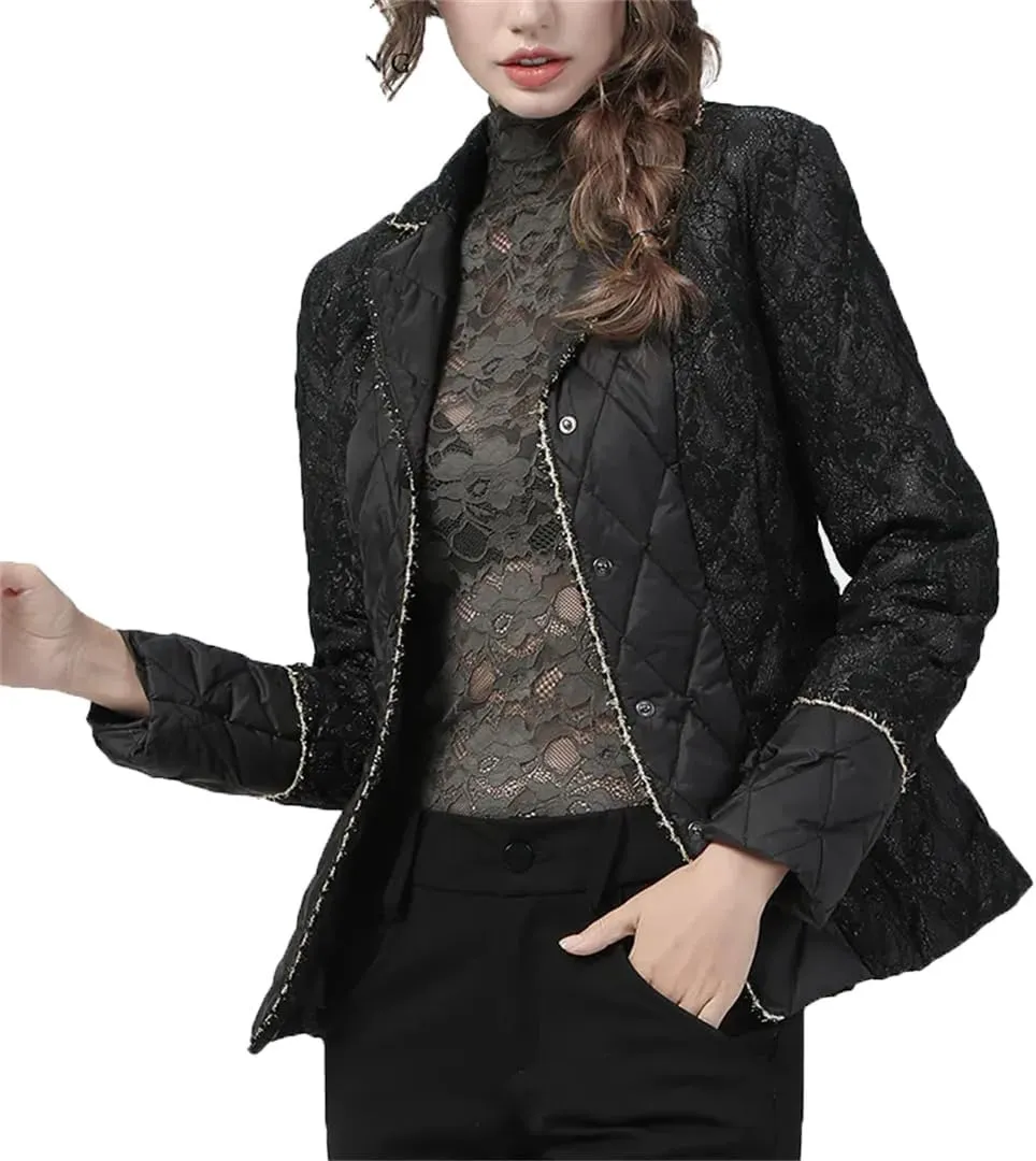 Fashion Lace Appliques Women Down Jacket Winter Long Sleeve Suit Collar Elegant Warm Puffer Coat Parkas