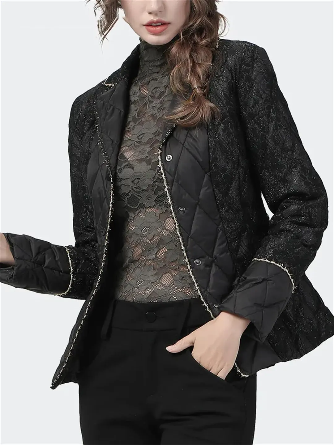 Fashion Lace Appliques Women Down Jacket Winter Long Sleeve Suit Collar Elegant Warm Puffer Coat Parkas