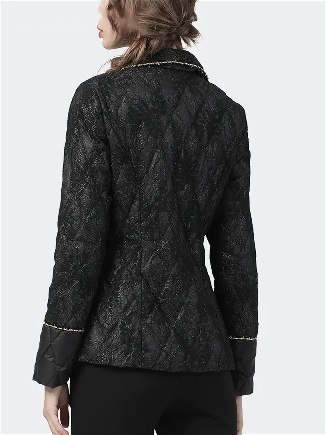 Fashion Lace Appliques Women Down Jacket Winter Long Sleeve Suit Collar Elegant Warm Puffer Coat Parkas