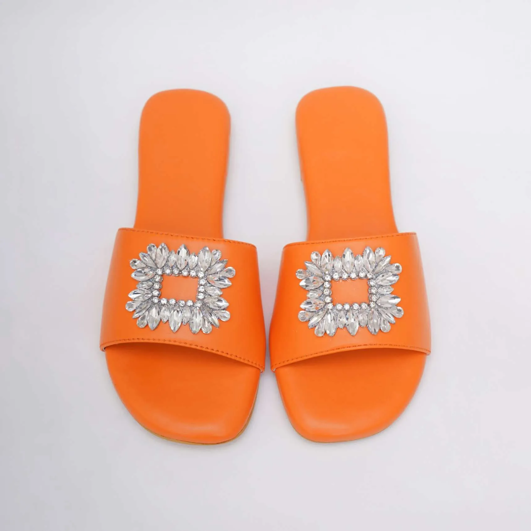 Fire Orange Festive Brooch Flats In Soft Faux Leather