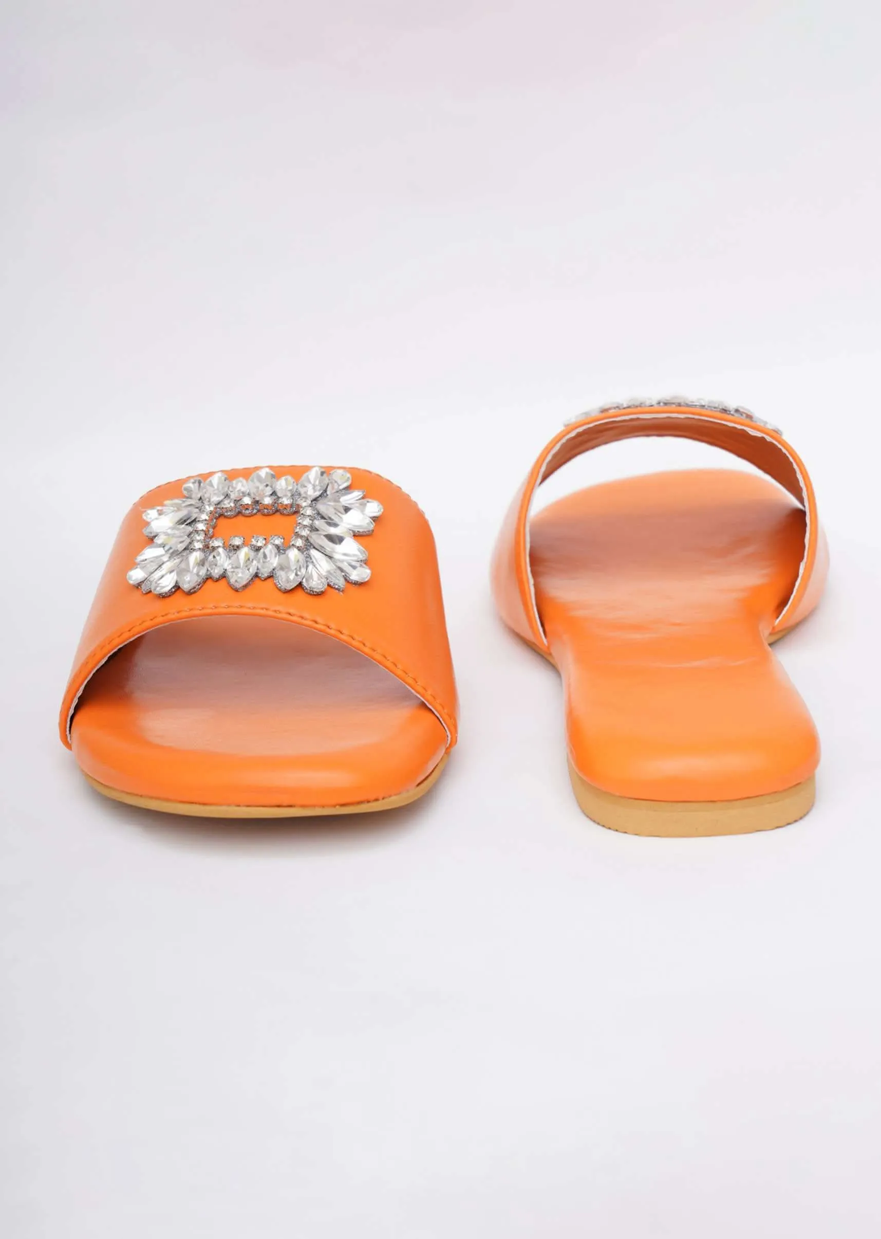 Fire Orange Festive Brooch Flats In Soft Faux Leather