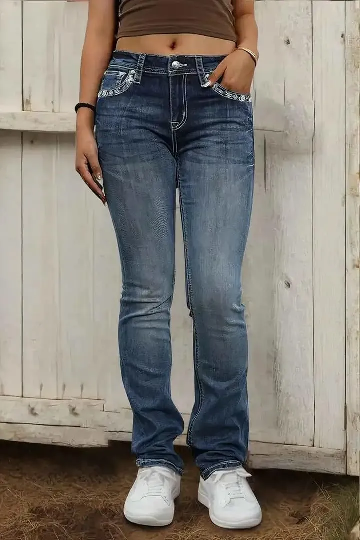 Flamingals Bootcut Jeans for Women Mid Rise High Stretch Curvy Skinny Jeans Trendy Casual Embroidery Denim Jeans