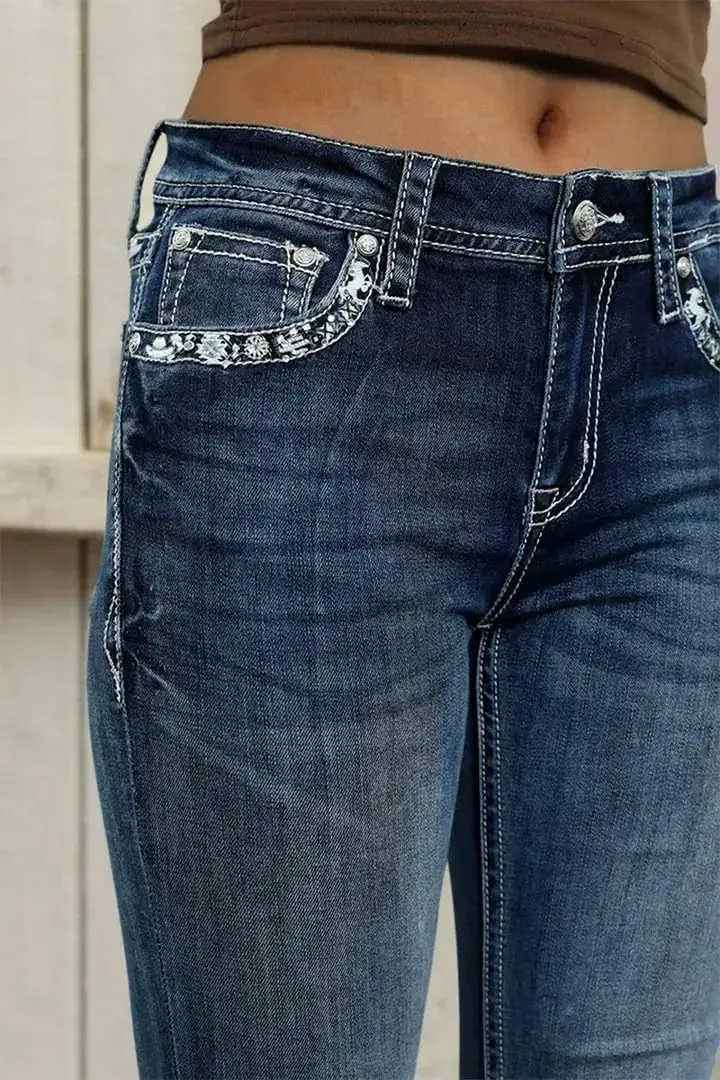 Flamingals Bootcut Jeans for Women Mid Rise High Stretch Curvy Skinny Jeans Trendy Casual Embroidery Denim Jeans