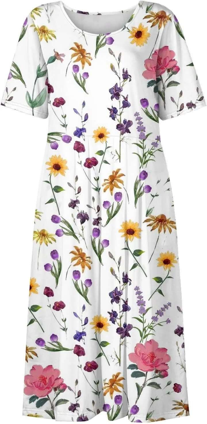 FlekmanArt Dresses for Women 2025 Printed Short Sleeve Boho Dress Pleated O Neck Beach Dress Trendy Long Dress with Pocket