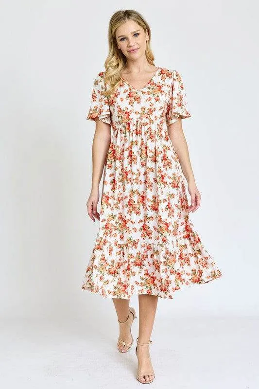 Floral Angel Sleeve Midi Dress