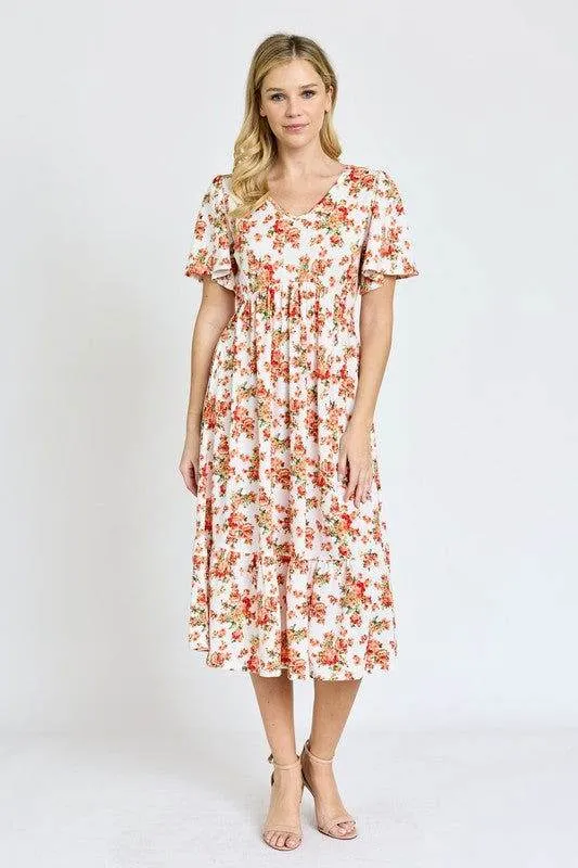 Floral Angel Sleeve Midi Dress