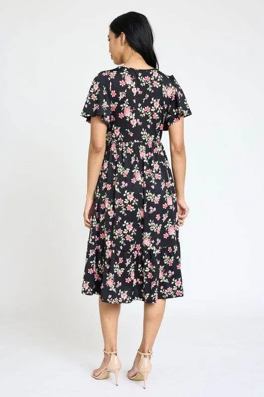 Floral Angel Sleeve Midi Dress