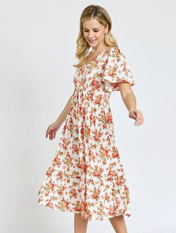Floral Angel Sleeve Midi Dress