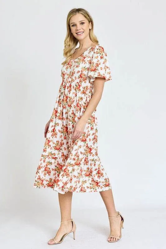 Floral Angel Sleeve Midi Dress