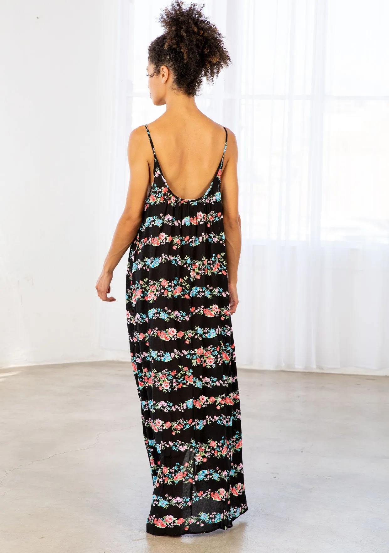 Floral Print Striped High Low Flowy Maxi Dress
