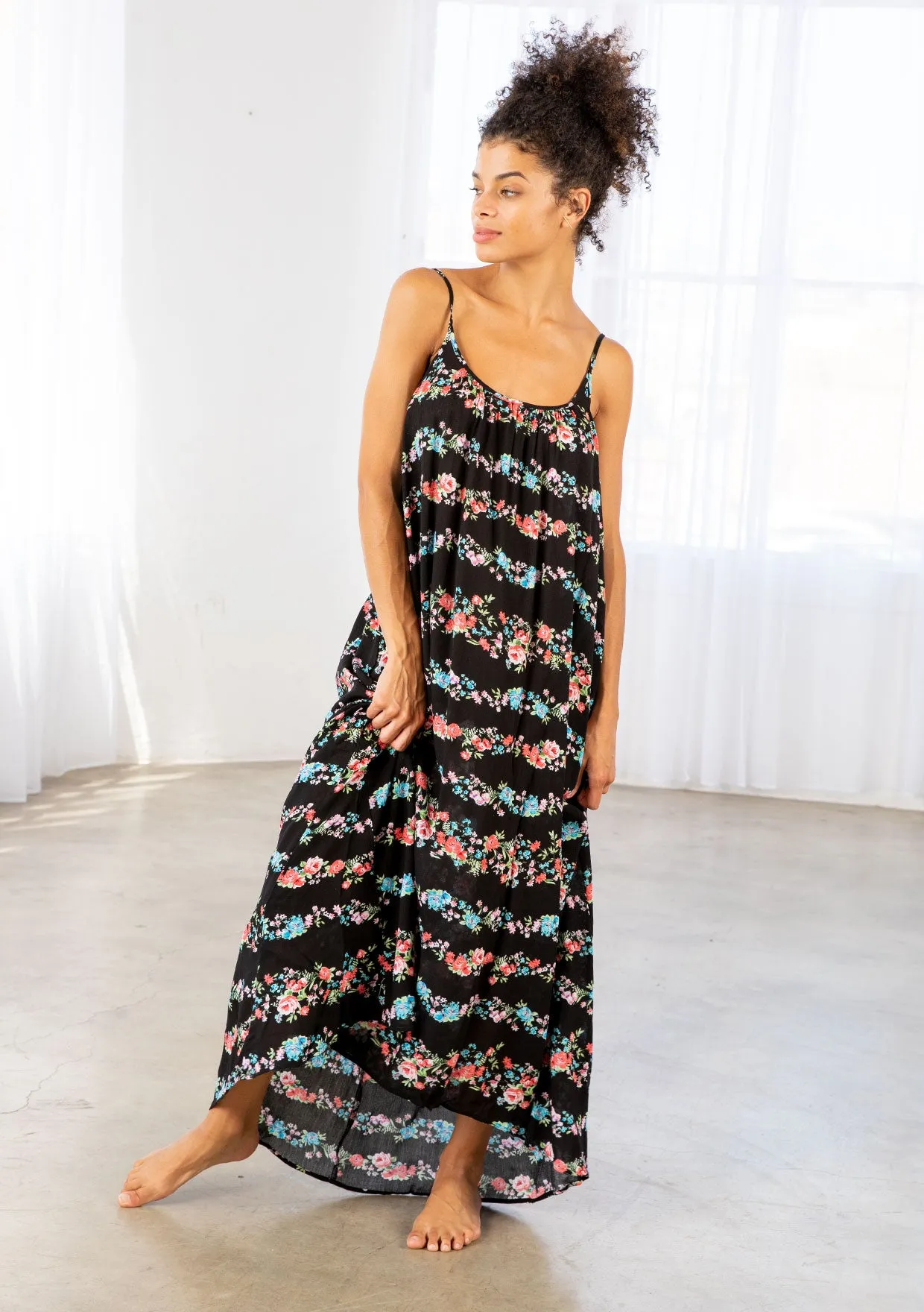 Floral Print Striped High Low Flowy Maxi Dress