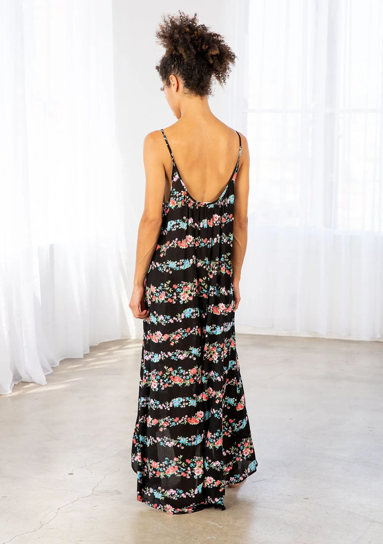 Floral Print Striped High Low Flowy Maxi Dress