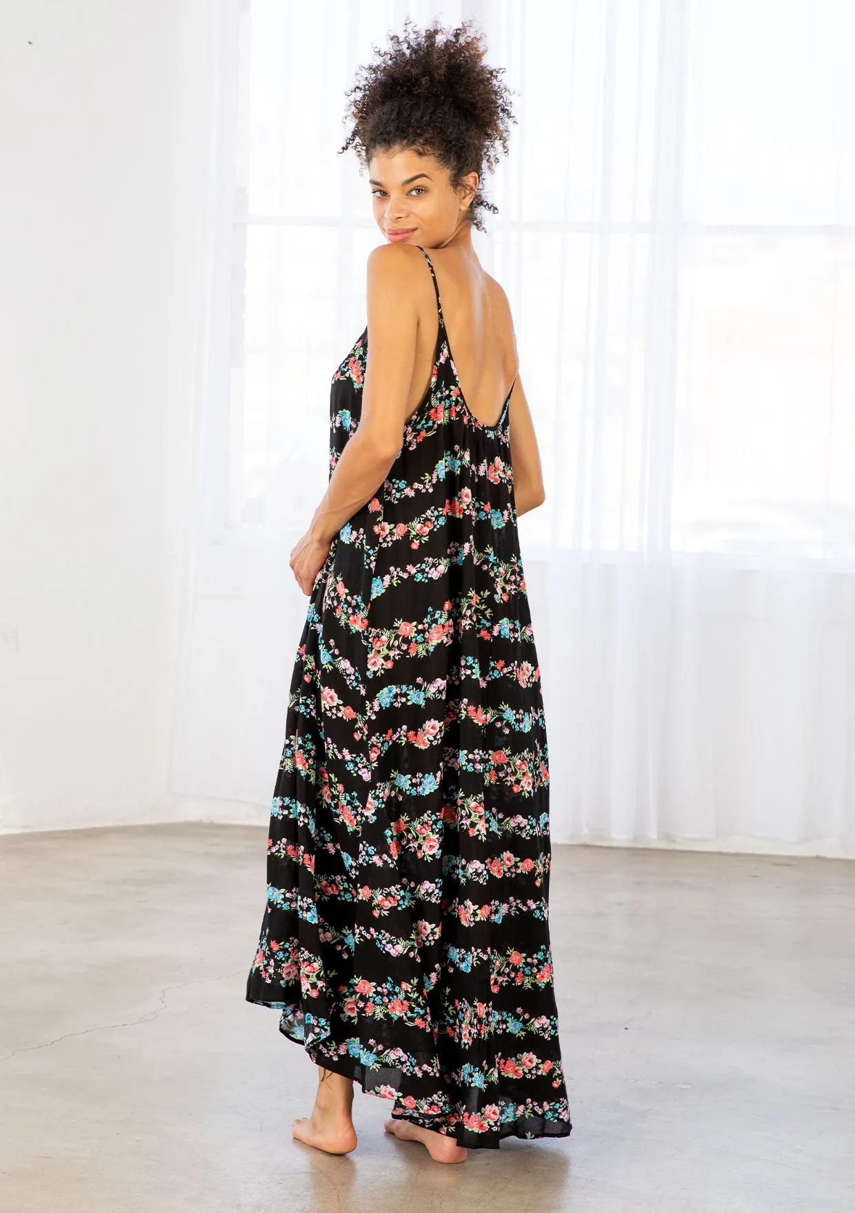 Floral Print Striped High Low Flowy Maxi Dress