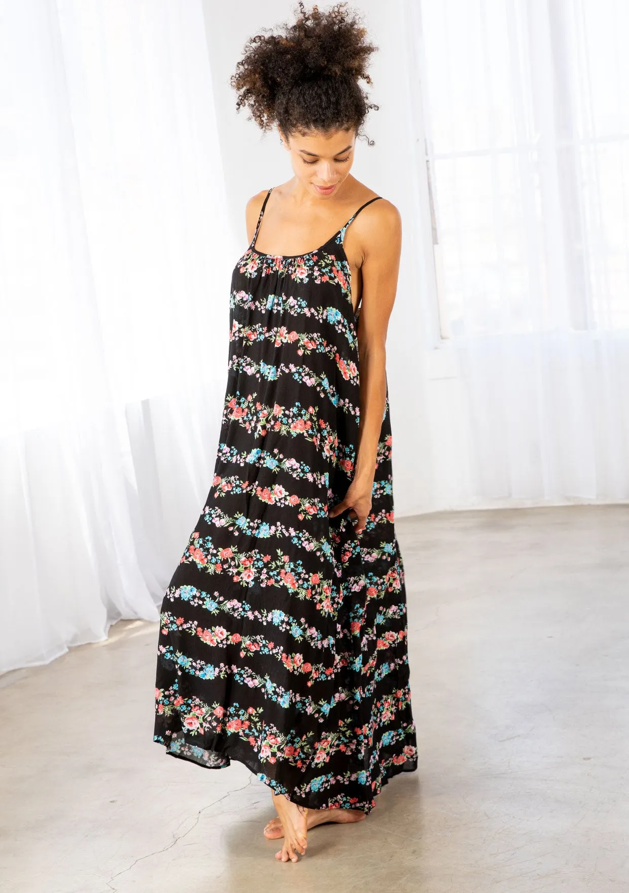 Floral Print Striped High Low Flowy Maxi Dress