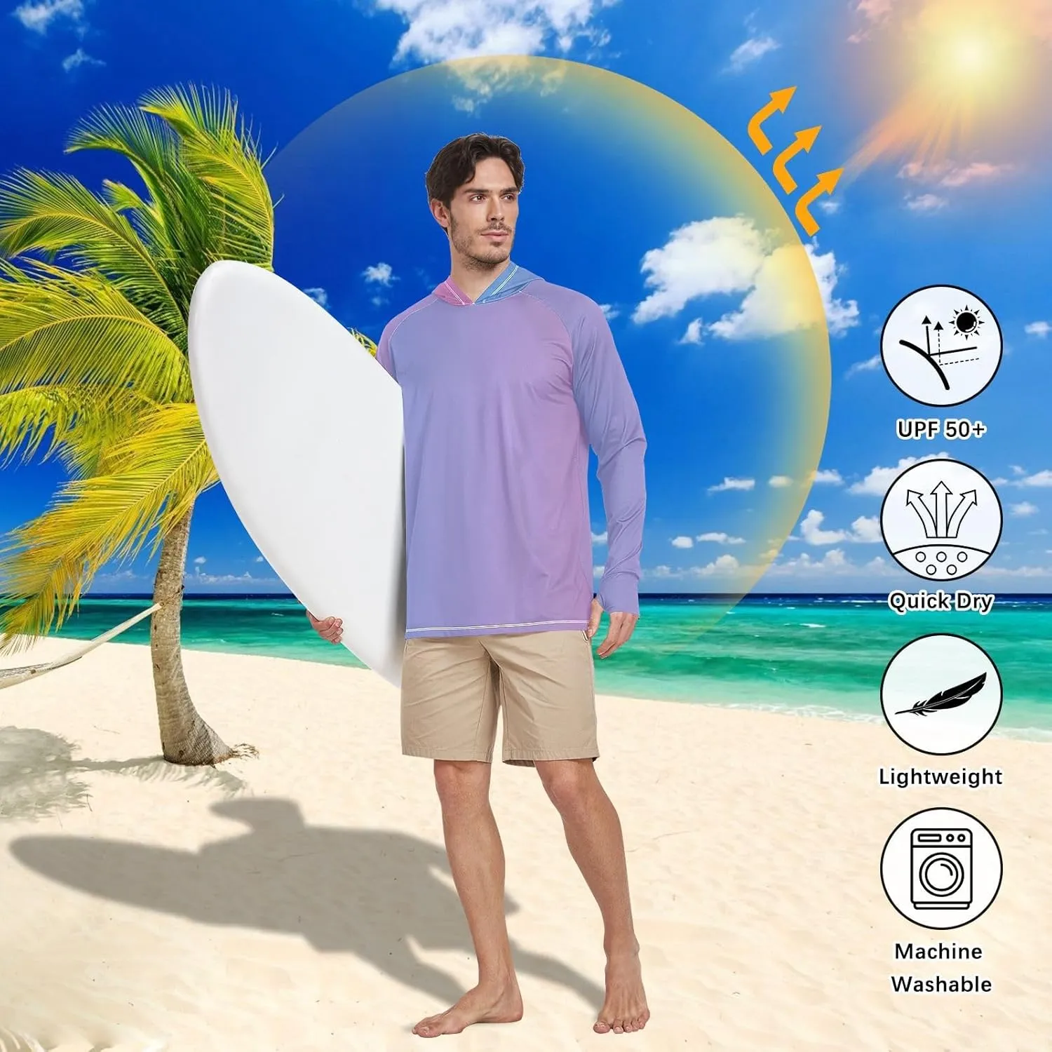 GAIGEO Light Sun Hoodie Mens, Breathable Mens Summer Long Sleeve Shirts, Red Purple Gradient S
