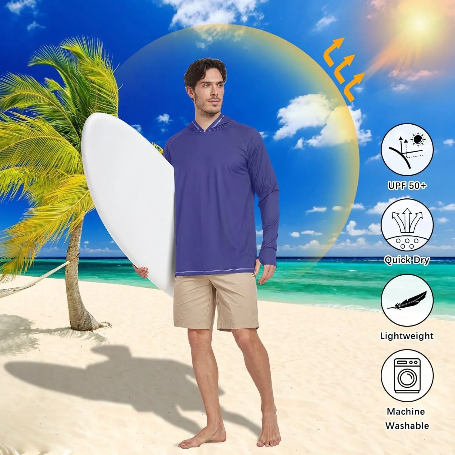 GAIGEO Light Sun Hoodie Mens, Breathable Mens Summer Long Sleeve Shirts, Red Purple Gradient S