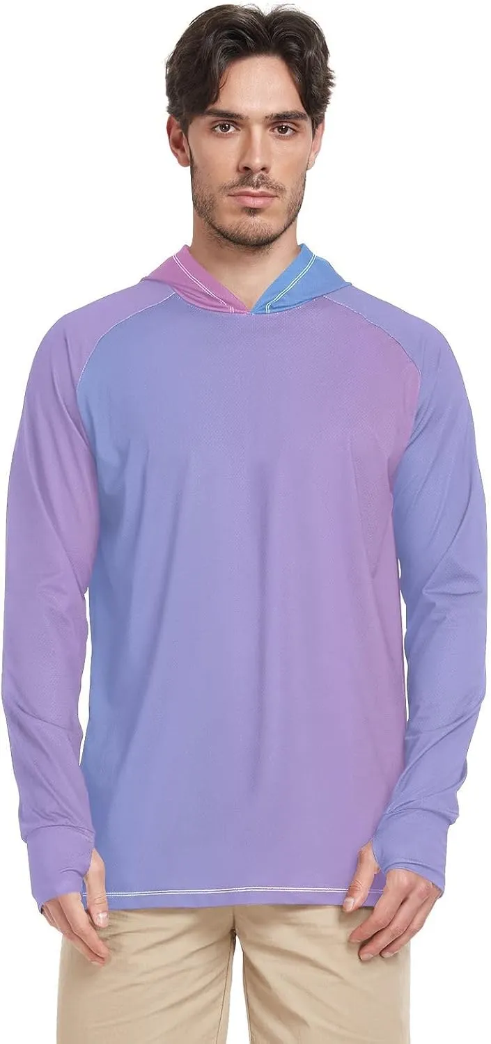 GAIGEO Light Sun Hoodie Mens, Breathable Mens Summer Long Sleeve Shirts, Red Purple Gradient S