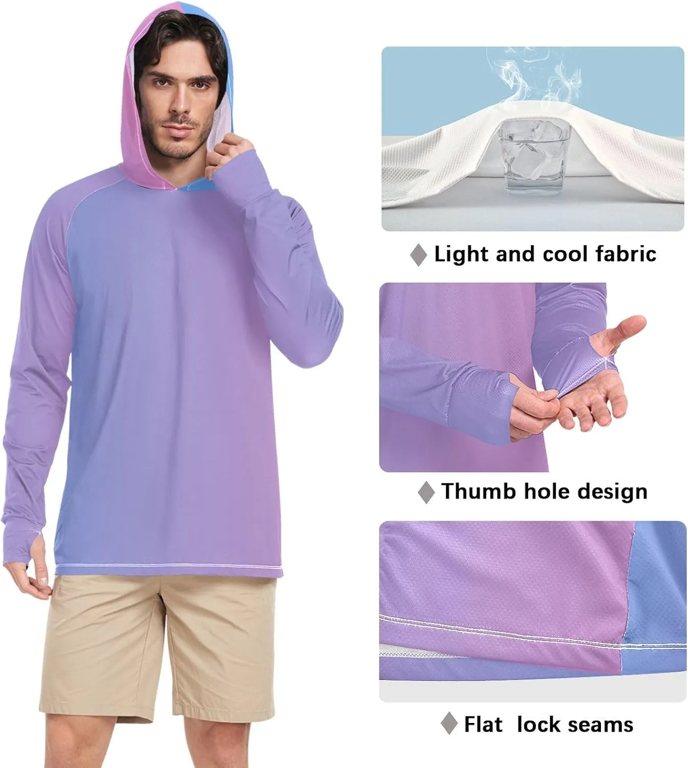GAIGEO Light Sun Hoodie Mens, Breathable Mens Summer Long Sleeve Shirts, Red Purple Gradient S
