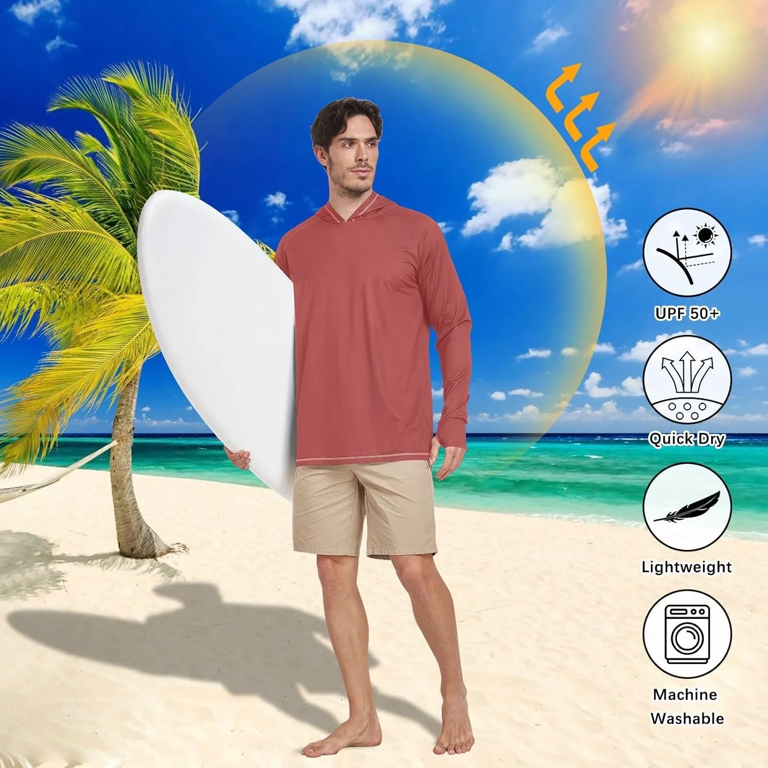 GAIGEO Light UPF Shirt Men, Breathable Summer Long Sleeve Shirts for Men, Moisture Wicking Beach Shirts, Coral S