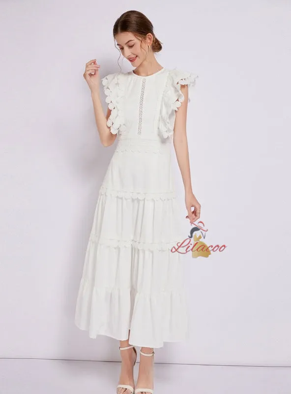 Heavy Stitching Round Neck Solid Color Dress