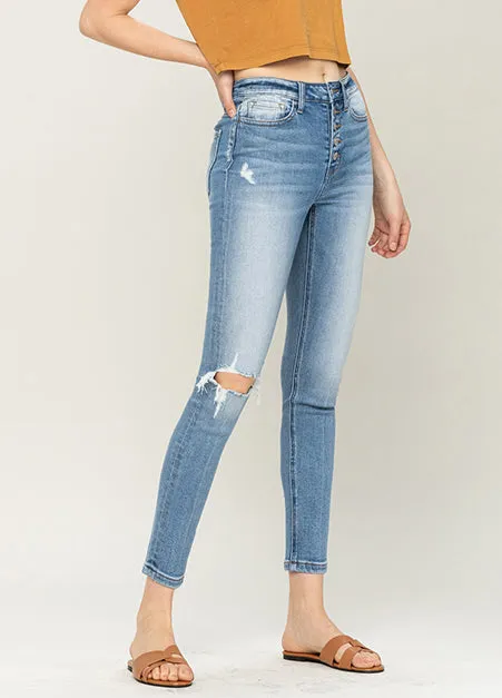 High Rise Button Up Distressed Front Skinny Jeans
