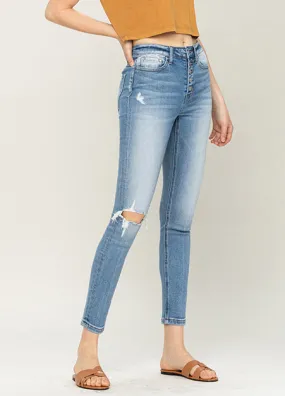 High Rise Button Up Distressed Front Skinny Jeans