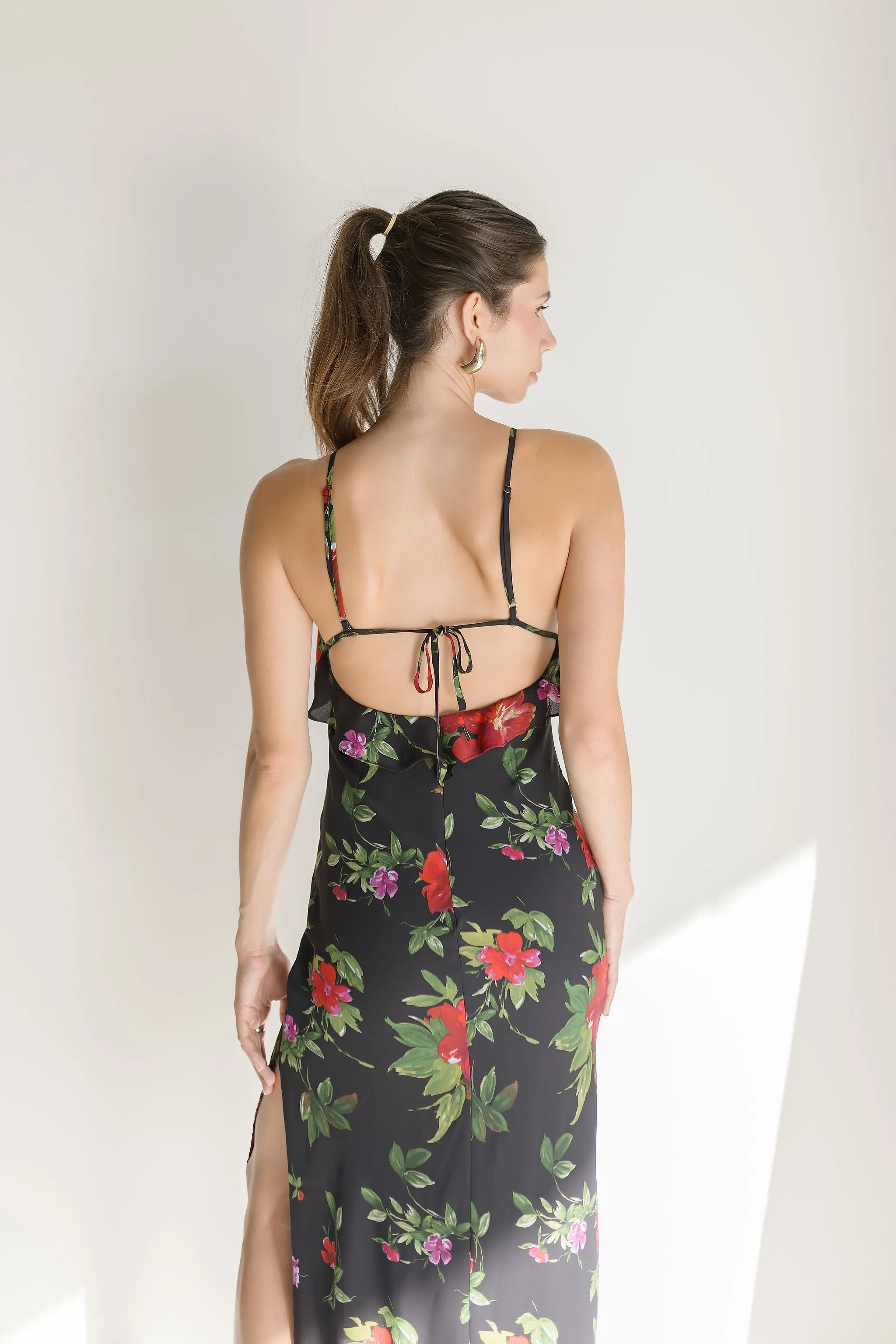 Jasmine Sleeveless Back Tie Floral Print Ruffle Midi Dress Black