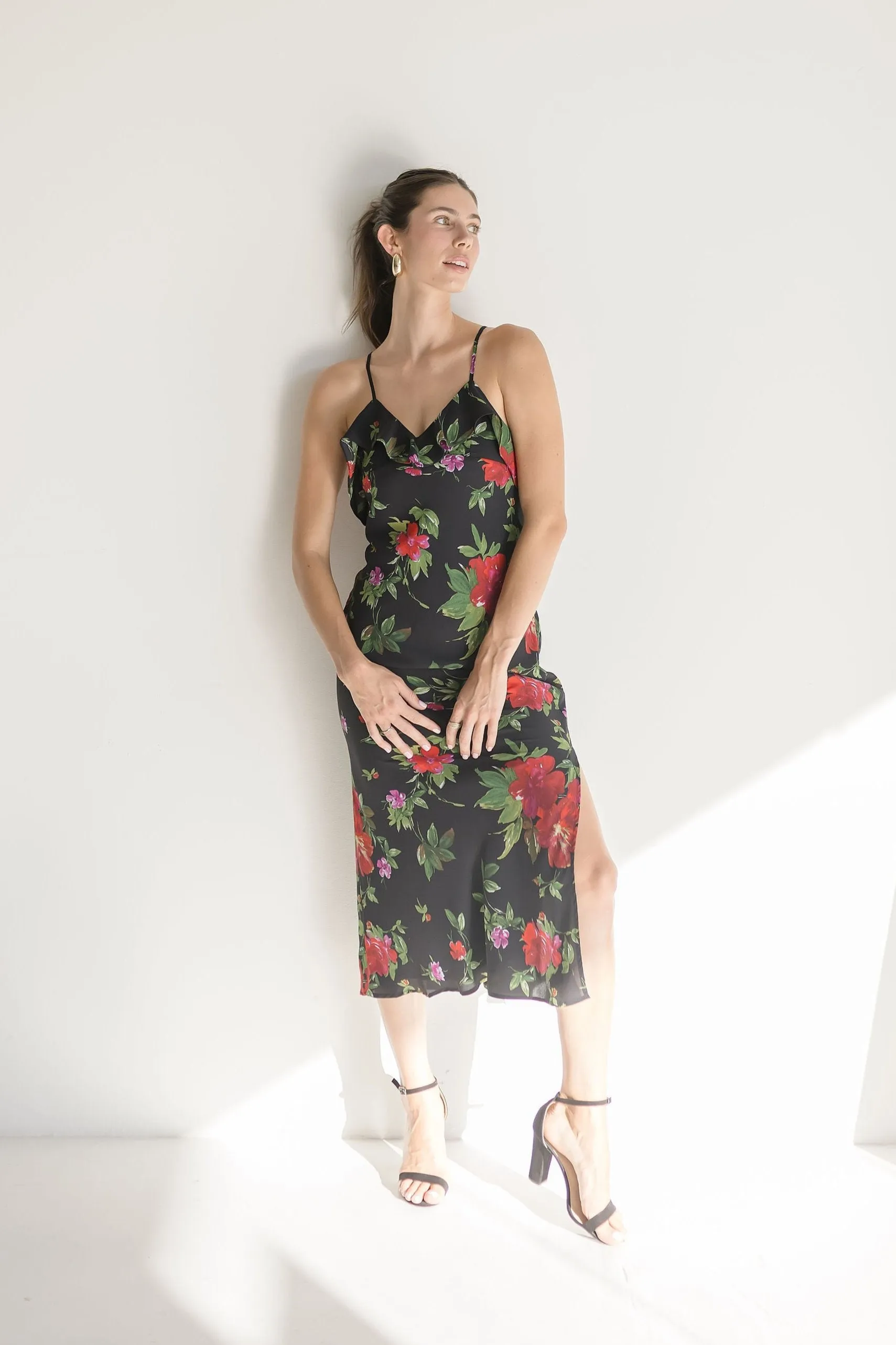 Jasmine Sleeveless Back Tie Floral Print Ruffle Midi Dress Black