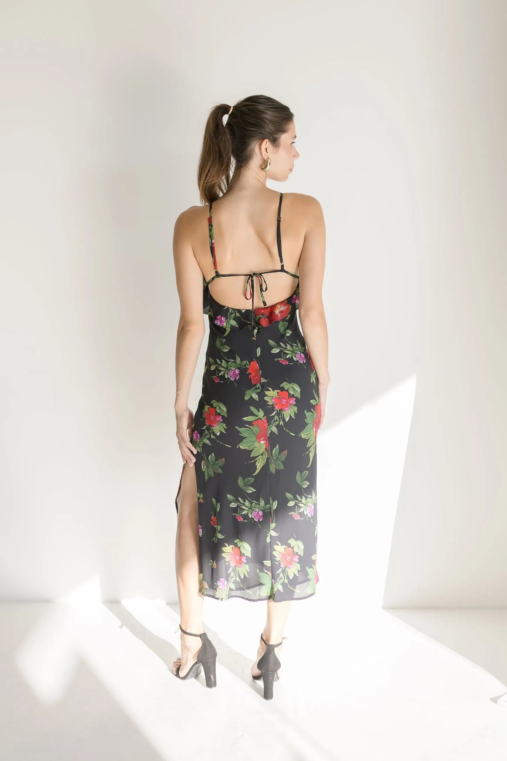 Jasmine Sleeveless Back Tie Floral Print Ruffle Midi Dress Black
