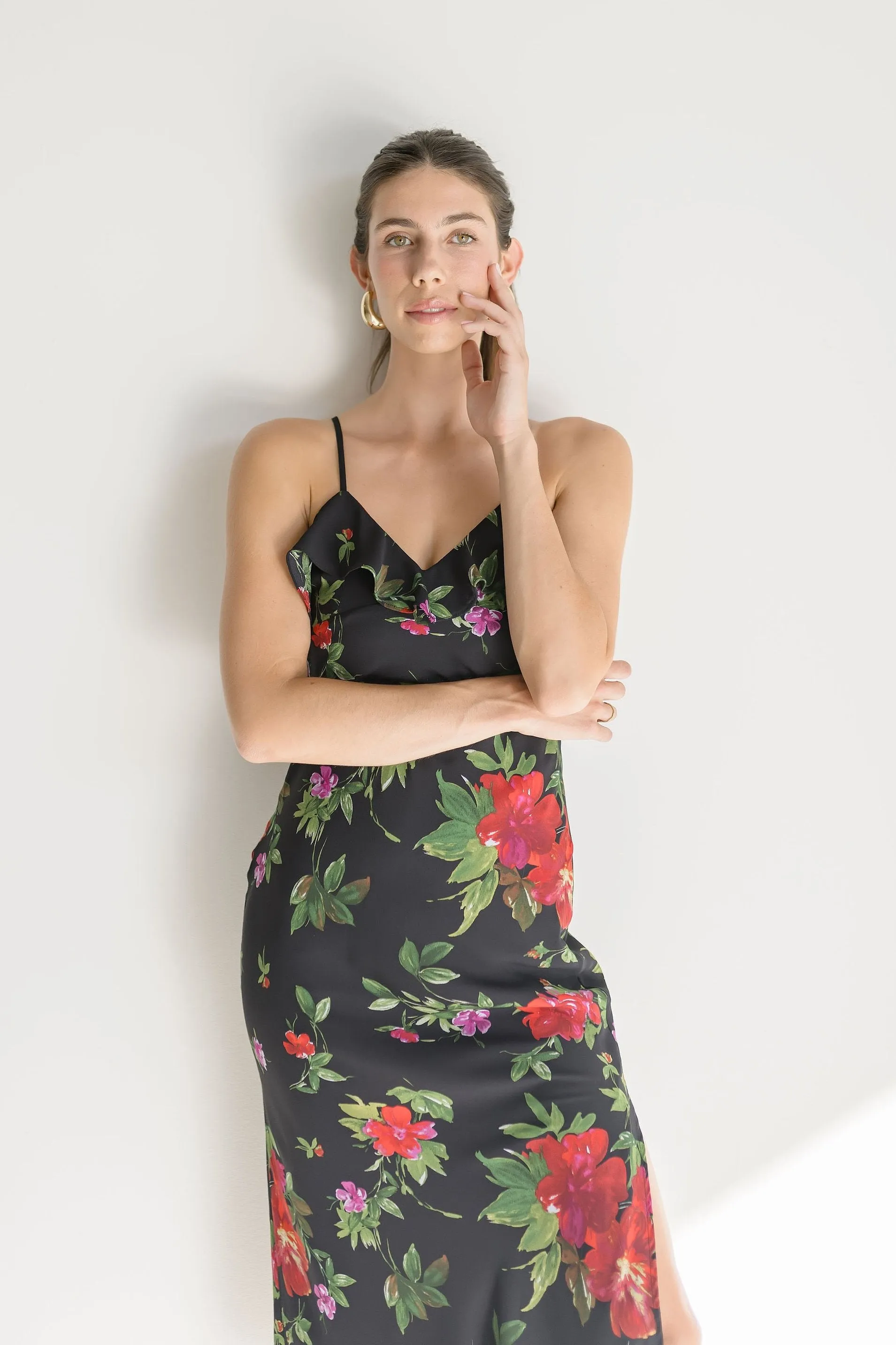 Jasmine Sleeveless Back Tie Floral Print Ruffle Midi Dress Black