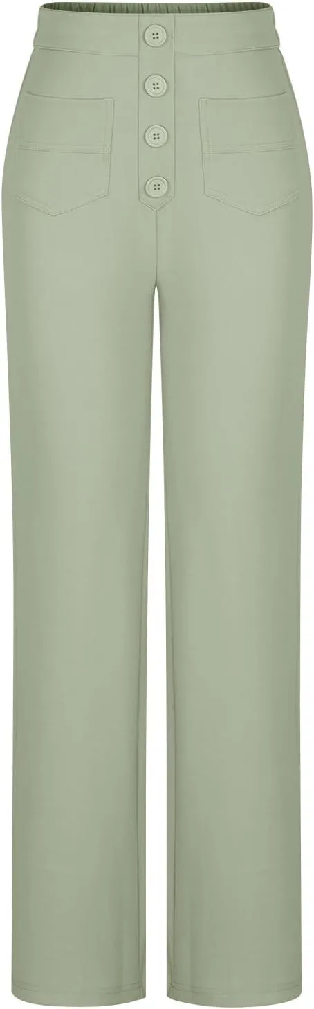 JOAU Womens 2024 Summer High Waisted Straight Leg Pants Fashion Button Decorated Casual Stretchy Trousers with Front Pockets