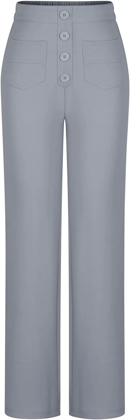 JOAU Womens 2024 Summer High Waisted Straight Leg Pants Fashion Button Decorated Casual Stretchy Trousers with Front Pockets