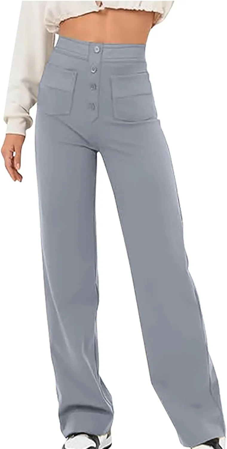 JOAU Womens 2024 Summer High Waisted Straight Leg Pants Fashion Button Decorated Casual Stretchy Trousers with Front Pockets