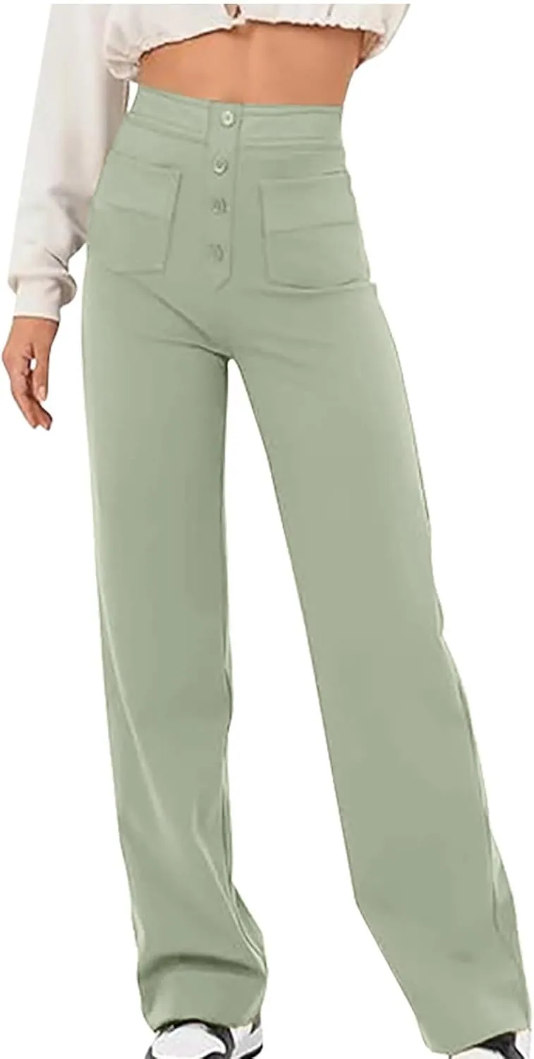JOAU Womens 2024 Summer High Waisted Straight Leg Pants Fashion Button Decorated Casual Stretchy Trousers with Front Pockets