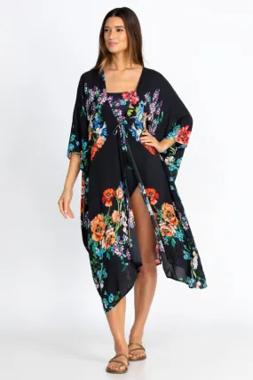Jonny Was FLOWER ARCH MIDI KIMONO Floral Black Swim Dress New