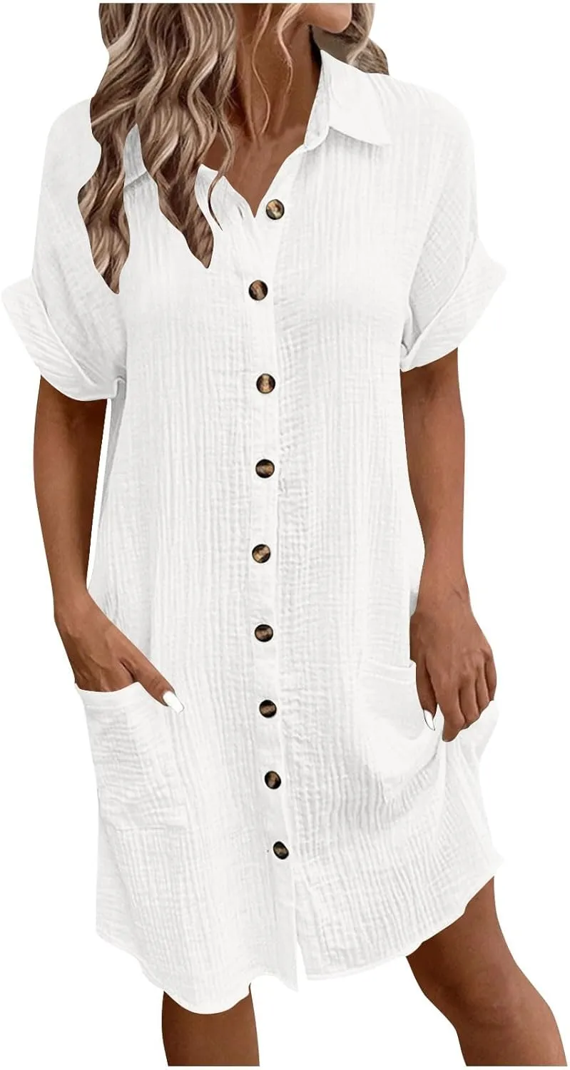 jsaierl Shirt Dresses for Women Casual Loose Fit Button Down Shirts Dress Summer Short Sleeve V Neck Shift Dress with Pockets
