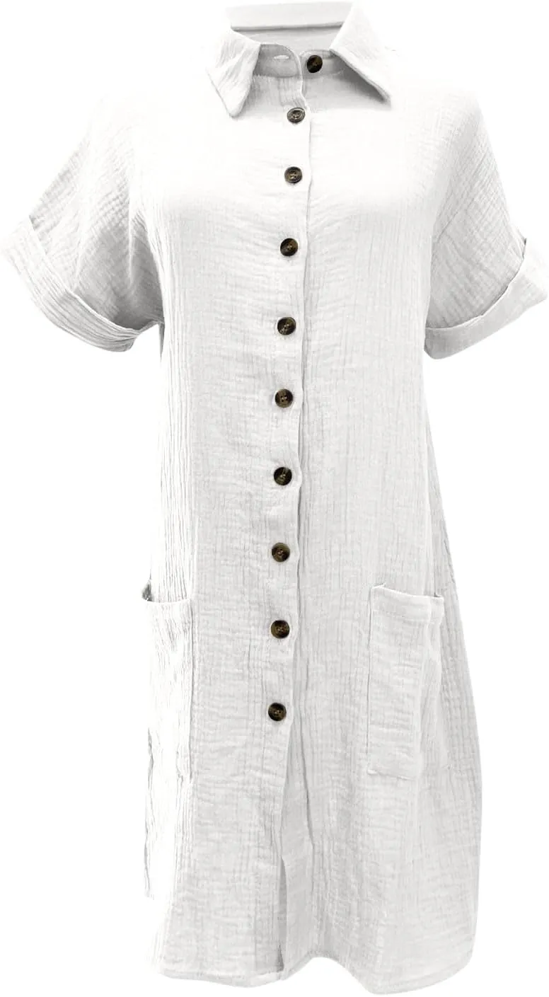 jsaierl Shirt Dresses for Women Casual Loose Fit Button Down Shirts Dress Summer Short Sleeve V Neck Shift Dress with Pockets
