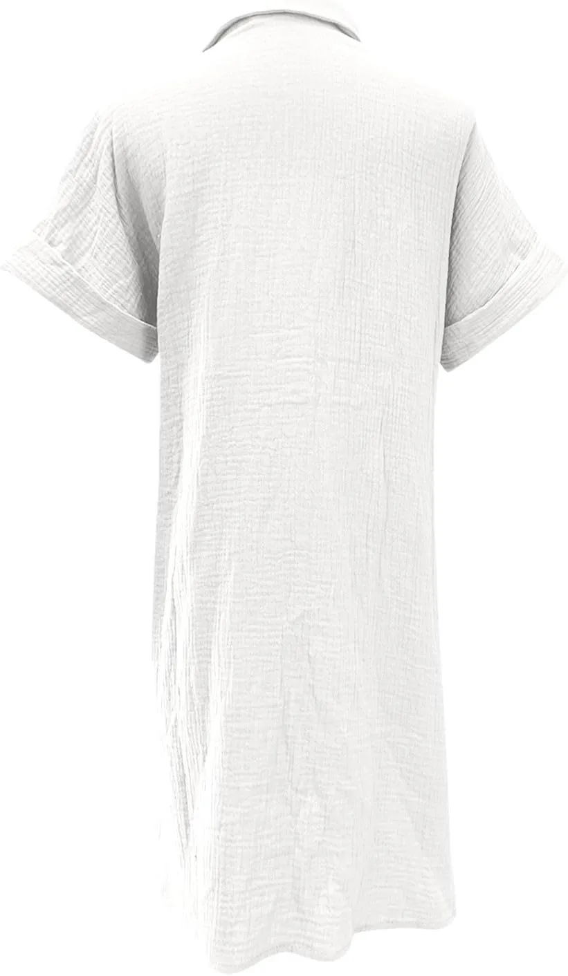 jsaierl Shirt Dresses for Women Casual Loose Fit Button Down Shirts Dress Summer Short Sleeve V Neck Shift Dress with Pockets