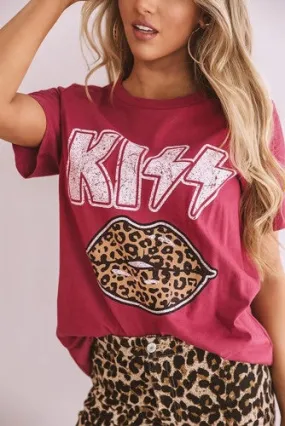KISS Leopard Print Lips Raspberry Red Tee