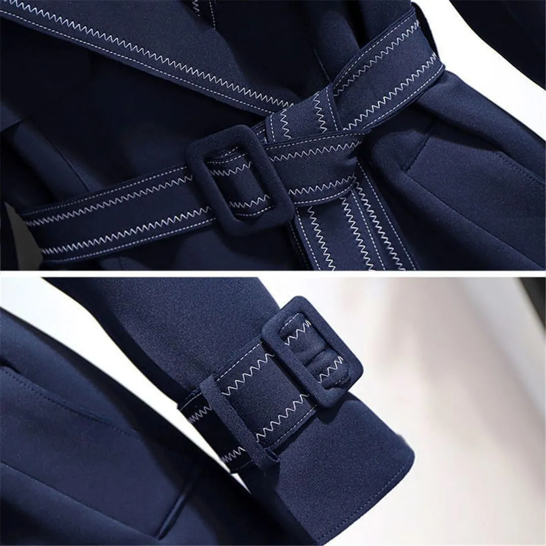Korean Fashion Long Trench Coat Women Elegant Slim Waist Sashes Office Work Patchwork Overcoats