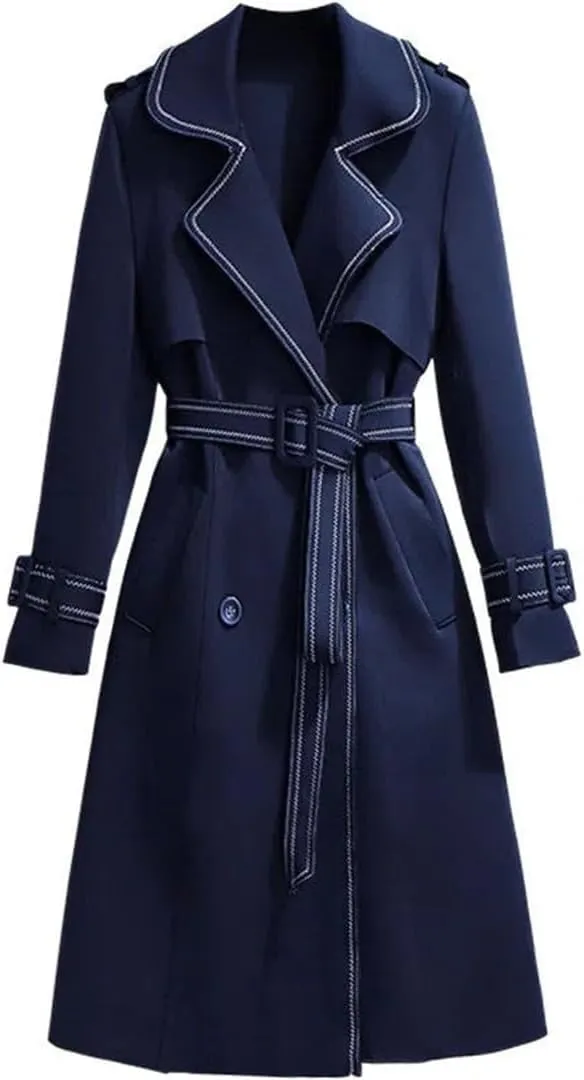 Korean Fashion Long Trench Coat Women Elegant Slim Waist Sashes Office Work Patchwork Overcoats