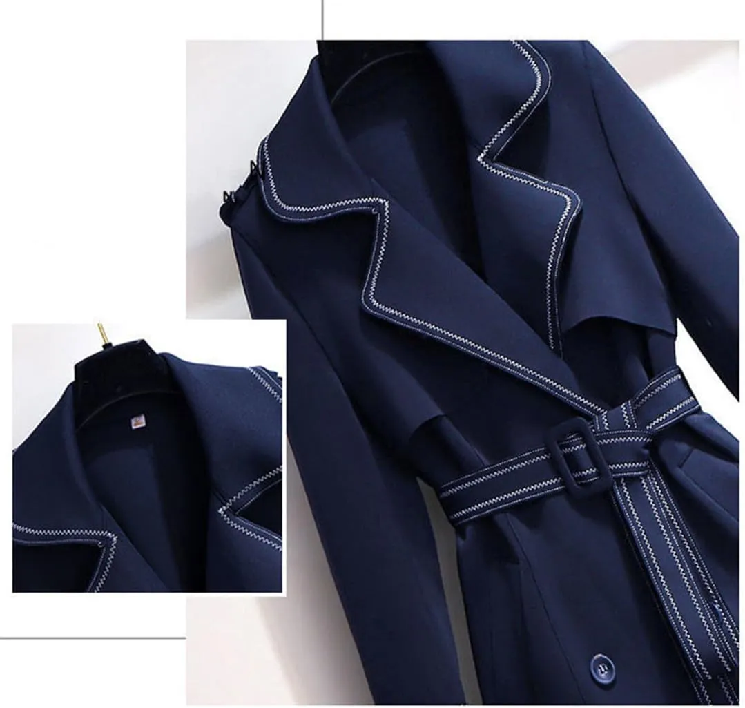 Korean Fashion Long Trench Coat Women Elegant Slim Waist Sashes Office Work Patchwork Overcoats