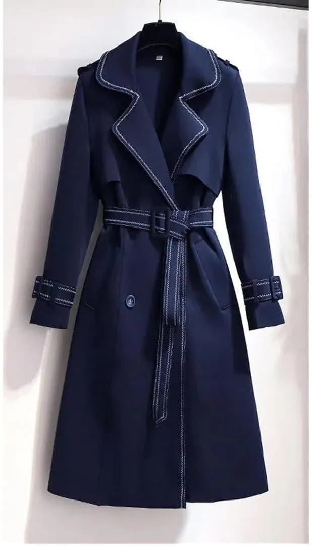Korean Fashion Long Trench Coat Women Elegant Slim Waist Sashes Office Work Patchwork Overcoats
