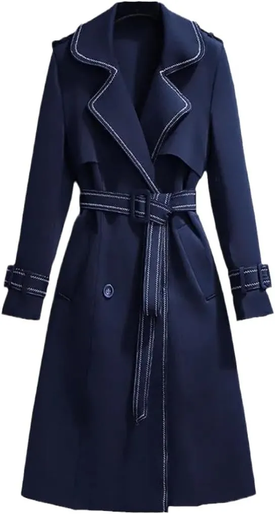 Korean Fashion Long Trench Coat Women Elegant Slim Waist Sashes Office Work Patchwork Overcoats